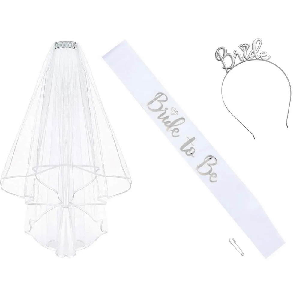 Bridal 4 Set Sash, Pin, Veil, and Bridal Headband silver